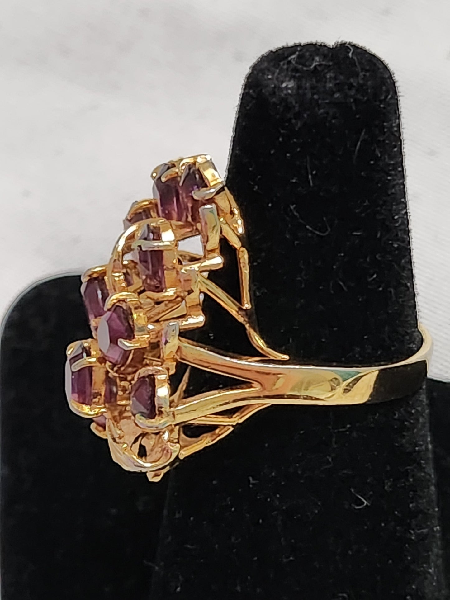 Vintage Gold Tone Purple Amethyst Cluster Cocktail Ring Size 6.25 Statement