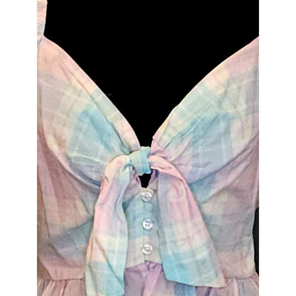 Abound Pastel Plaid Crop Top Puff Sleeve Tie Front Peplum Cottagecore Blouse