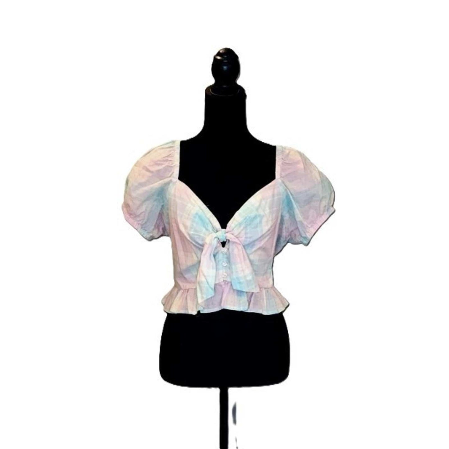Abound Pastel Plaid Crop Top Puff Sleeve Tie Front Peplum Cottagecore Blouse