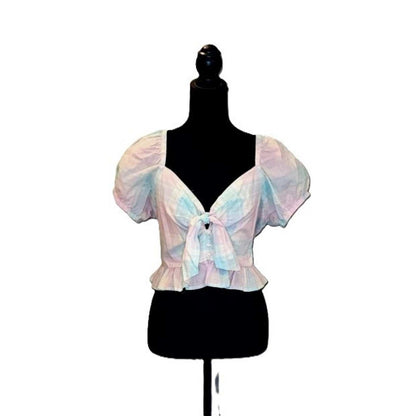Abound Pastel Plaid Crop Top Puff Sleeve Tie Front Peplum Cottagecore Blouse