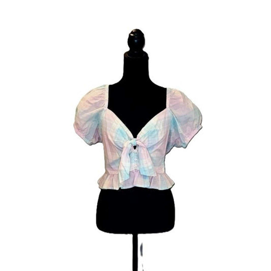 Abound Pastel Plaid Crop Top Puff Sleeve Tie Front Peplum Cottagecore Blouse