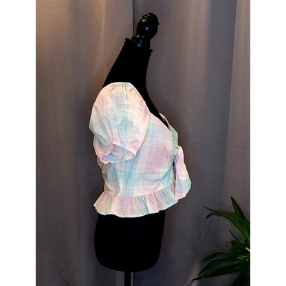 Abound Pastel Plaid Crop Top Puff Sleeve Tie Front Peplum Cottagecore Blouse
