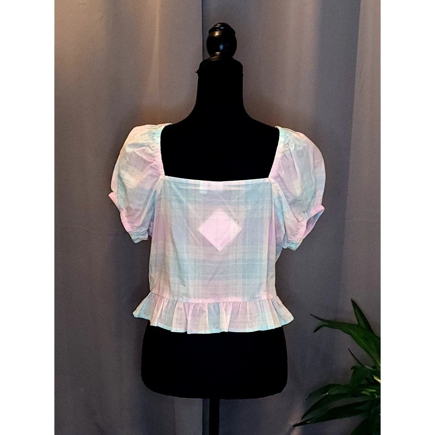 Abound Pastel Plaid Crop Top Puff Sleeve Tie Front Peplum Cottagecore Blouse