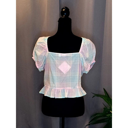 Abound Pastel Plaid Crop Top Puff Sleeve Tie Front Peplum Cottagecore Blouse