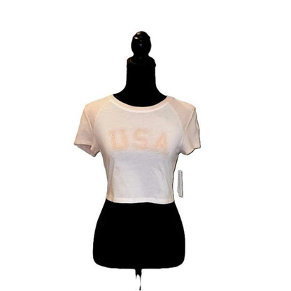 Abound Crop T-Shirt White USA Graphic Raglan Patriotic 4th of July Summer New