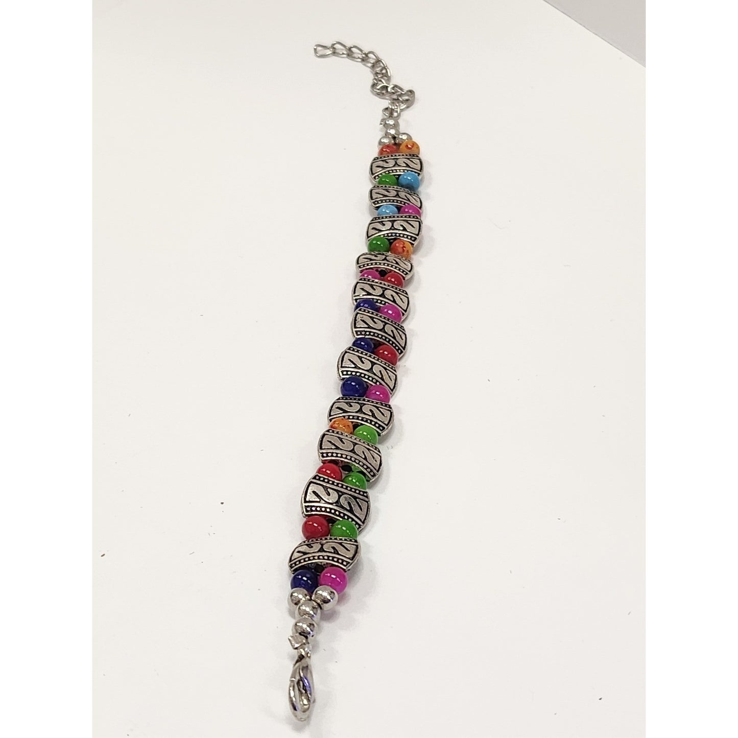 Boho Multi Color Beaded Bracelet Silver Tone Etched Spacers Adjustable Lobster