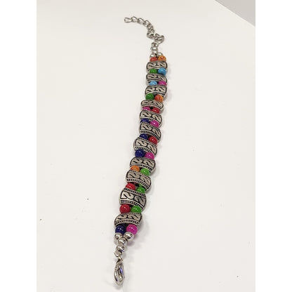 Boho Multi Color Beaded Bracelet Silver Tone Etched Spacers Adjustable Lobster