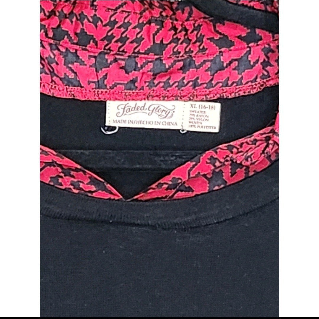 Faded Glory Womens XL Black Knit Sweater Faux Red Houndstooth Collar Layered Top