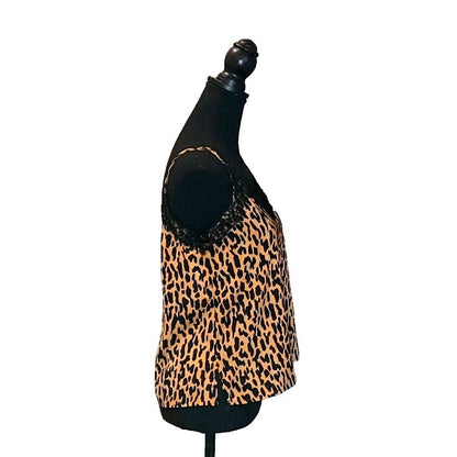 BP Nordstrom Leopard Print Satin Cami Tank Top Black Lace Trim V-Neck S