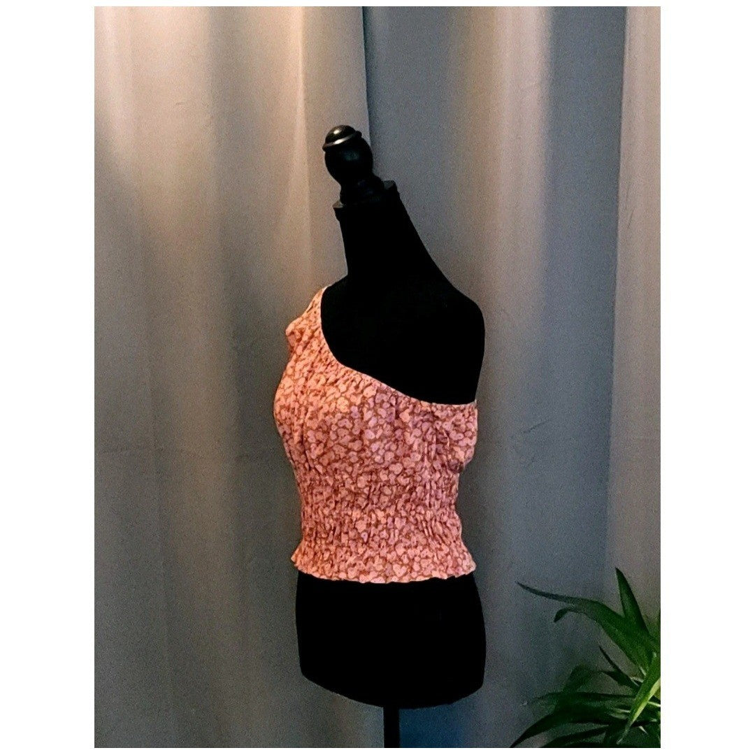 Floral One Shoulder Smocked Waist Top Pink Orange Ruffle Hem Summer Blouse M