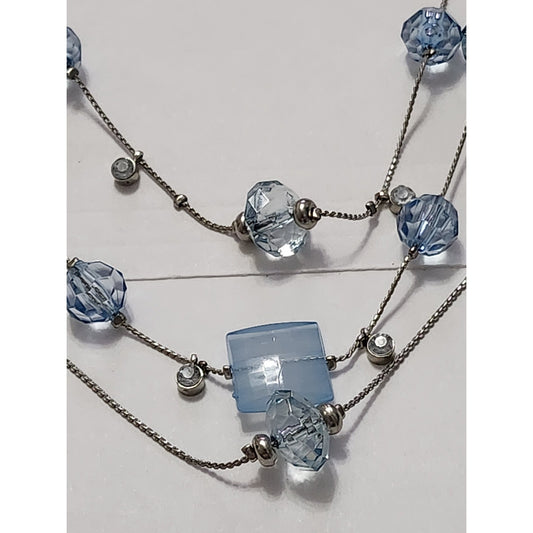 Blue Beaded Multi Strand Necklace and Earring Set Silver Tone Layered Jewelry