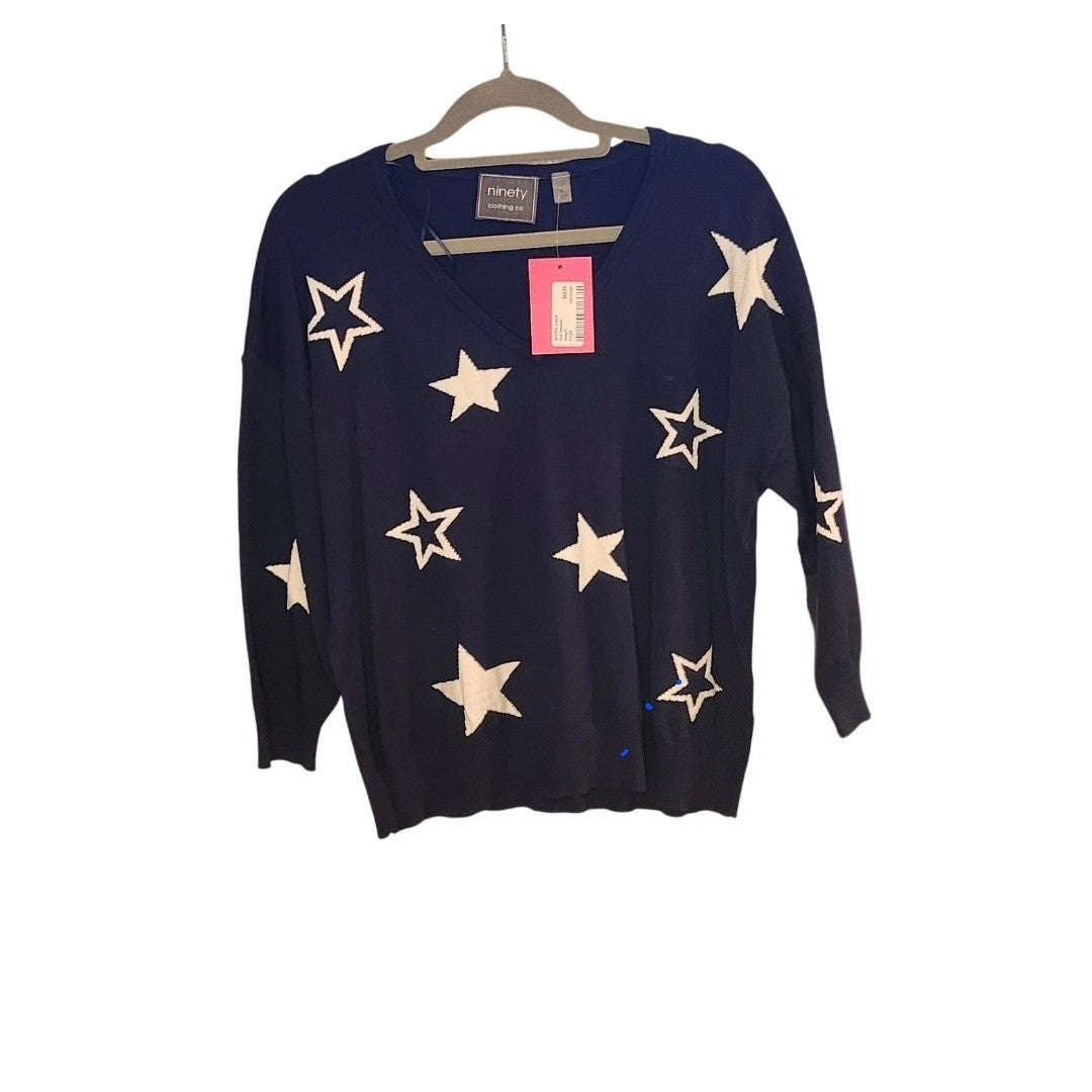 NWT Ninety Clothing Co Womens Navy Blue White Star V-Neck Sweater Size S
