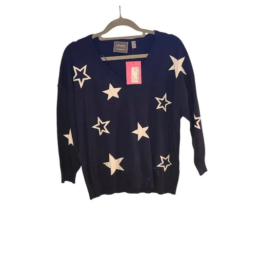 NWT Ninety Clothing Co Womens Navy Blue White Star V-Neck Sweater Size S