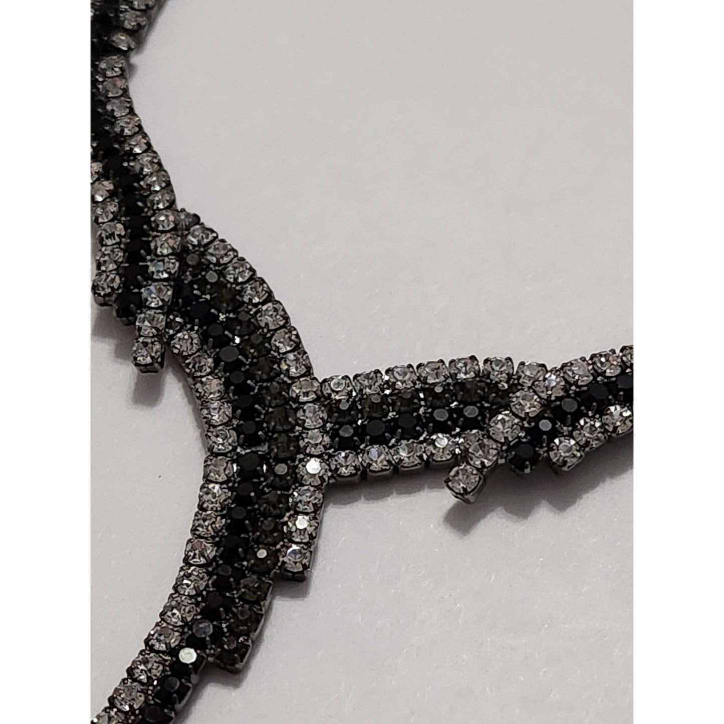 Gunmetal Black and Clear Rhinestone V-Shape Bib Statement Necklace Evening Wear