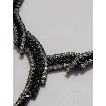 Gunmetal Black and Clear Rhinestone V-Shape Bib Statement Necklace Evening Wear
