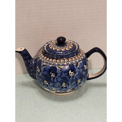 Boleslawiec Polish Pottery UNIKAT Teapot Blue Floral Hand Painted Stoneware 32oz