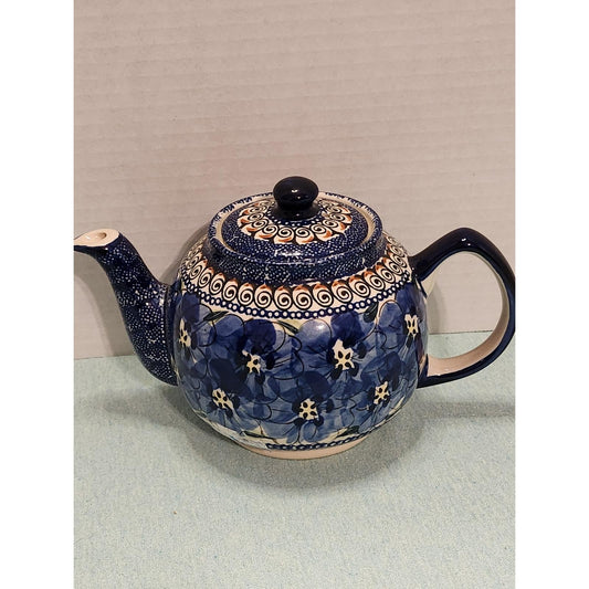 Boleslawiec Polish Pottery UNIKAT Teapot Blue Floral Hand Painted Stoneware 32oz