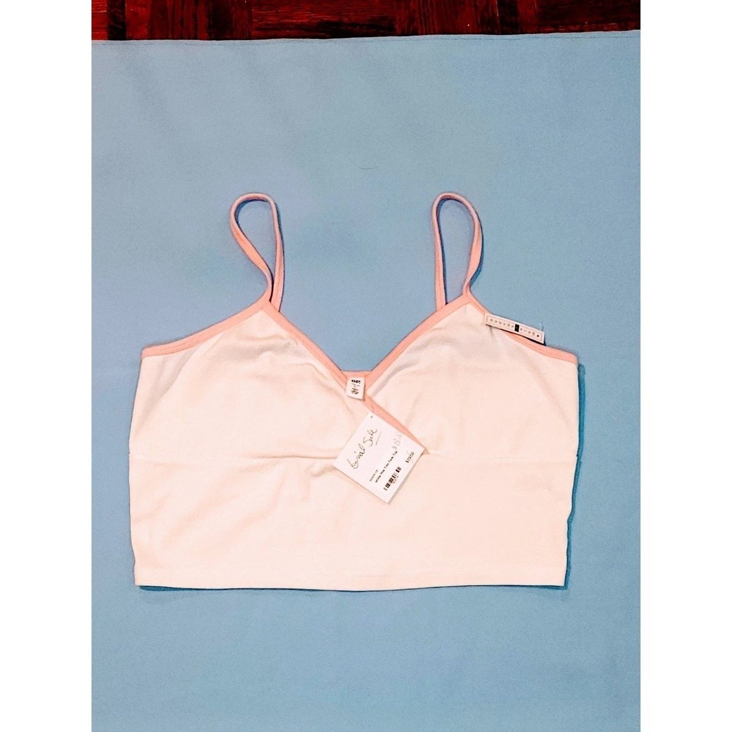 White Cropped Cami Top with Pink Contrast Trim Surplice V-Neck Sleeveless