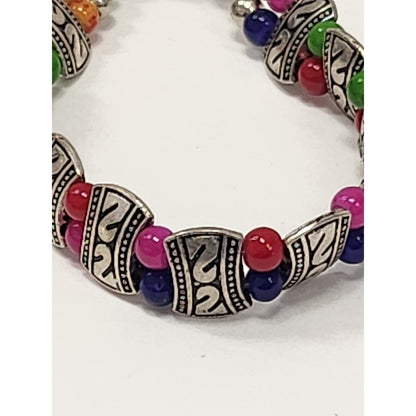 Boho Multi Color Beaded Bracelet Silver Tone Etched Spacers Adjustable Lobster