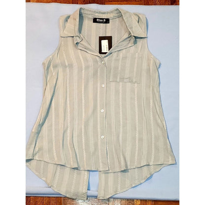 Blue B Collection Sleeveless Button Down Blouse Mint Green Striped High Low
