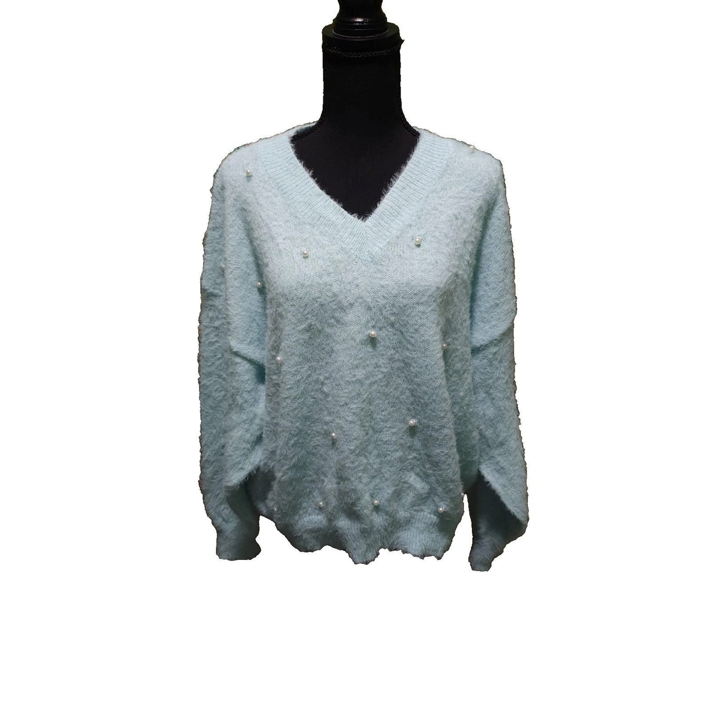 Mint Blue Fuzzy Knit V-Neck Sweater Large Pearl Embellished Dolman Pullover