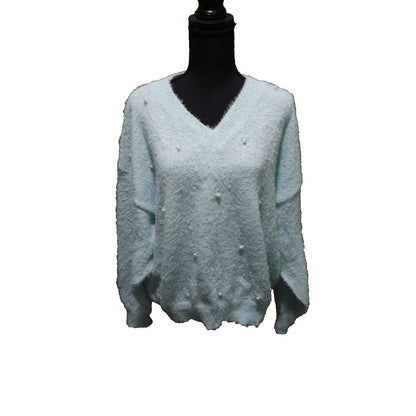 Mint Blue Fuzzy Knit V-Neck Sweater Large Pearl Embellished Dolman Pullover