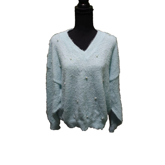 Mint Blue Fuzzy Knit V-Neck Sweater Large Pearl Embellished Dolman Pullover