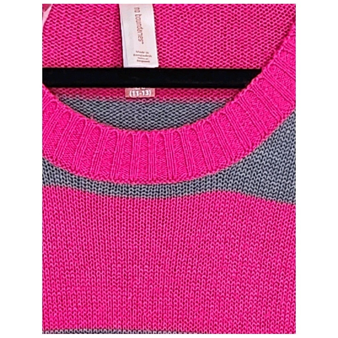 No Boundaries Juniors Large 11-13 Pink Grey Striped Knit Sweater Front Pocket