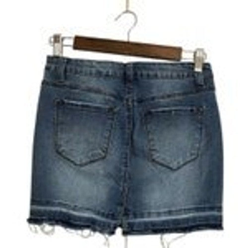 Kancan Womens Blue Denim Mini Skirt Wash Frayed Raw Hem New