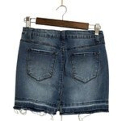 Kancan Womens Blue Denim Mini Skirt Wash Frayed Raw Hem New