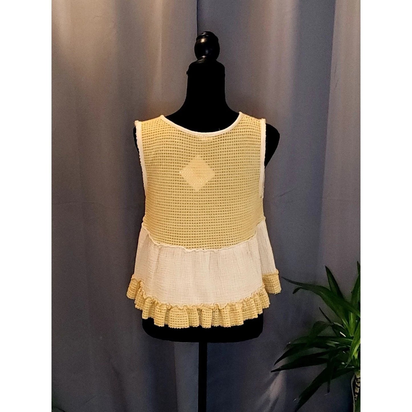POL Mixed Media Tank Top Yellow Cream Waffle Knit Ruffle Boho Summer Festival