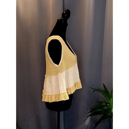 POL Mixed Media Tank Top Yellow Cream Waffle Knit Ruffle Boho Summer Festival