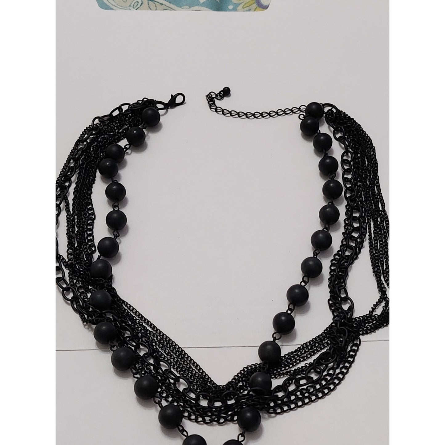 Gothic Multi Strand Black Chain Matte Bead Necklace Large Red Faceted Pendant