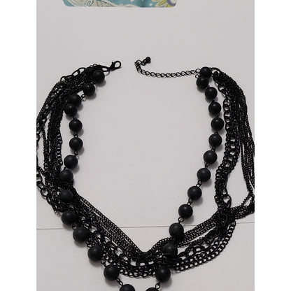 Gothic Multi Strand Black Chain Matte Bead Necklace Large Red Faceted Pendant