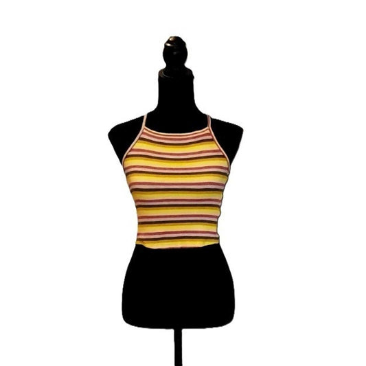 RVCA Womens Striped Ribbed Knit Crop Top Halter High Neck Multi Color