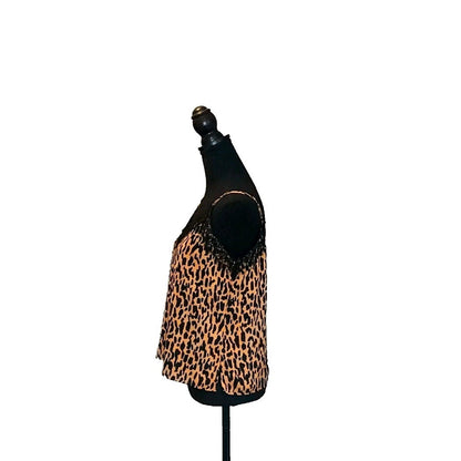 BP Nordstrom Leopard Print Satin Cami Tank Top Black Lace Trim V-Neck S