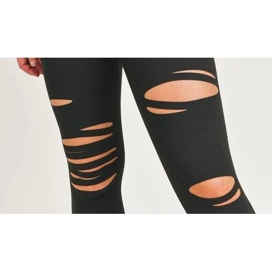 Mono B Women Black Laser Cut Leggings High Waisted Shredded Distress Yoga Pant