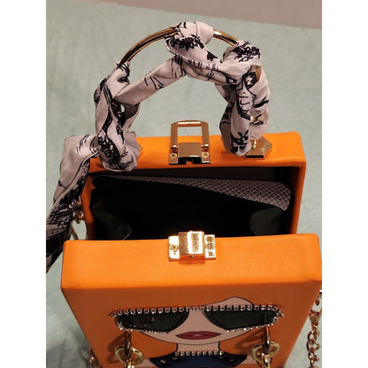 Unique 3D Lady Face Top Handle Bag Orange Pop Art Box Clutch Crossbody NWT