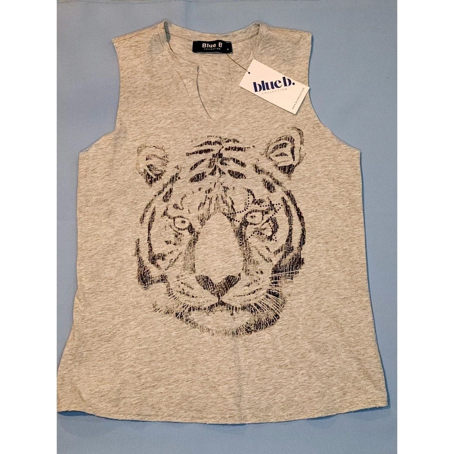 Blue B Tank Top Heather Grey Tiger Graphic Keyhole Neck Sleeveless Shirt NEW