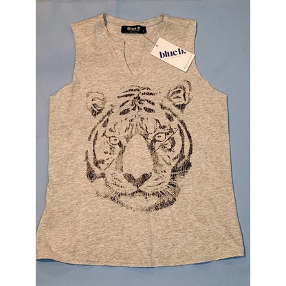Blue B Tank Top Heather Grey Tiger Graphic Keyhole Neck Sleeveless Shirt NEW