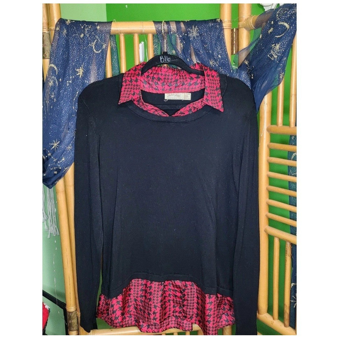 Faded Glory Womens XL Black Knit Sweater Faux Red Houndstooth Collar Layered Top