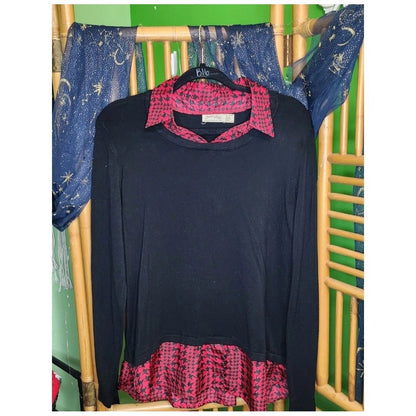Faded Glory Womens XL Black Knit Sweater Faux Red Houndstooth Collar Layered Top