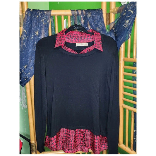 Faded Glory Womens XL Black Knit Sweater Faux Red Houndstooth Collar Layered Top