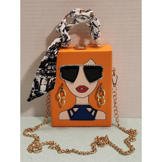 Unique 3D Lady Face Top Handle Bag Orange Pop Art Box Clutch Crossbody NWT