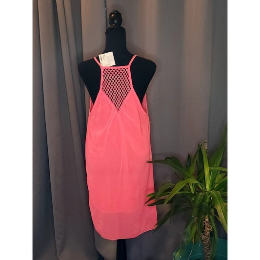 Hot Pink Crochet Lattice Racerback Mini Shift Dress Sleeveless Coverup