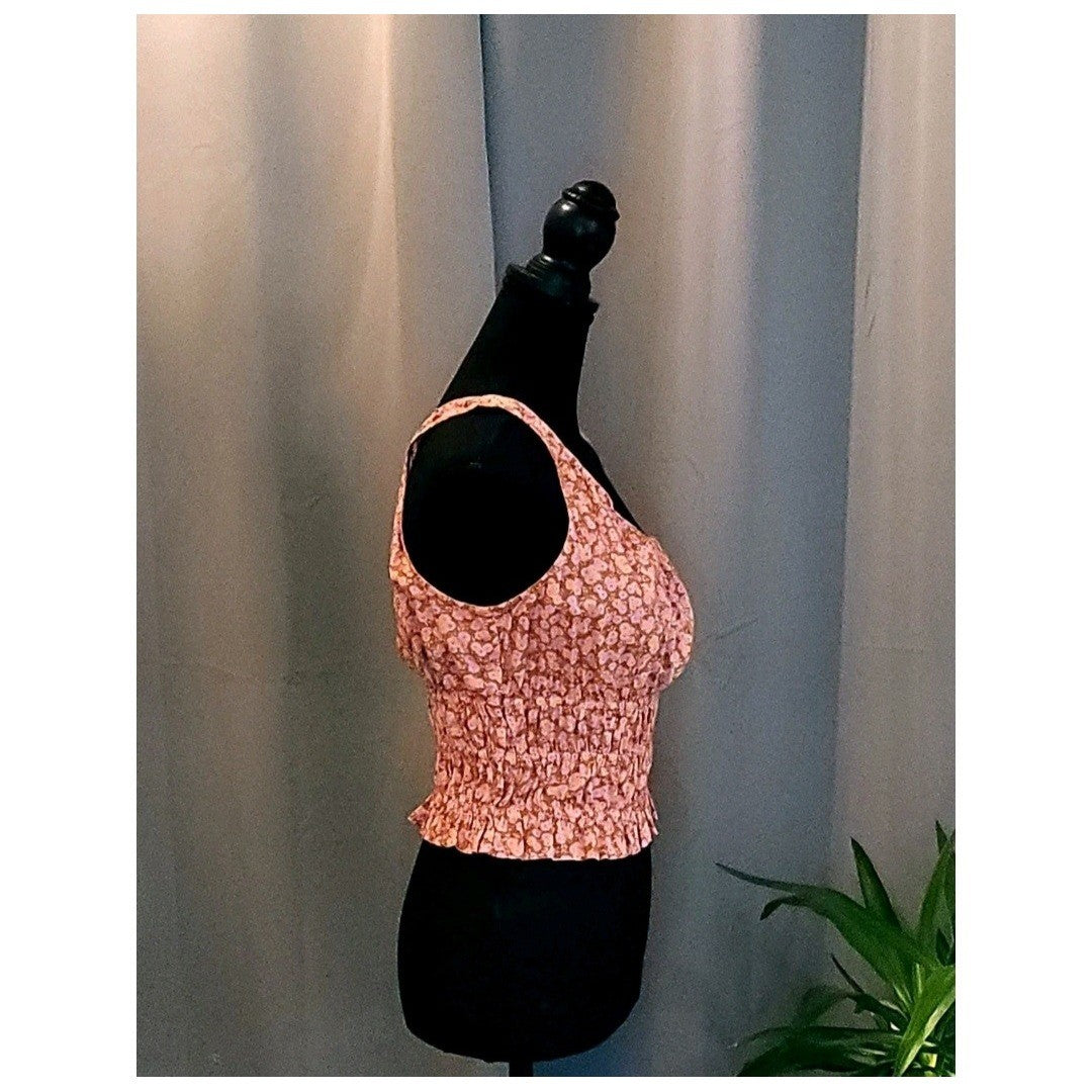 Floral One Shoulder Smocked Waist Top Pink Orange Ruffle Hem Summer Blouse M