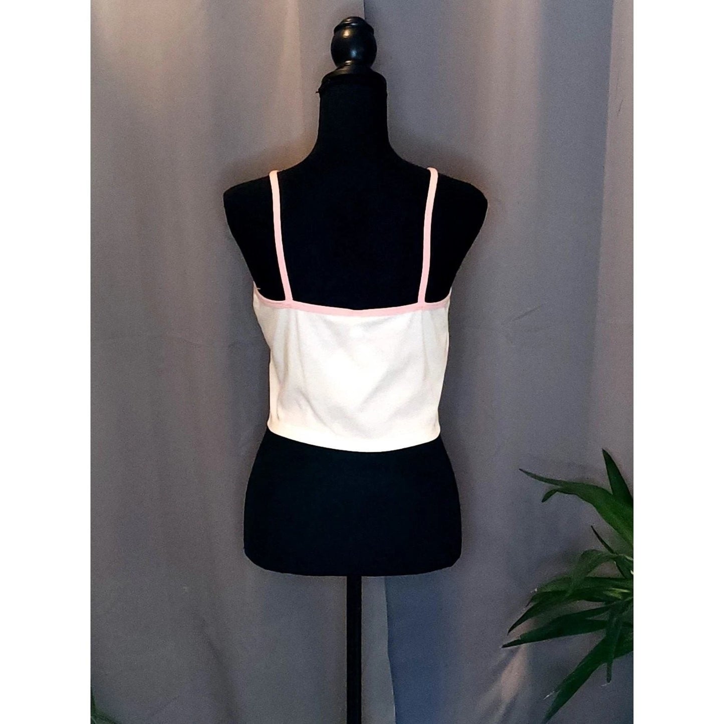 White Cropped Cami Top with Pink Contrast Trim Surplice V-Neck Sleeveless