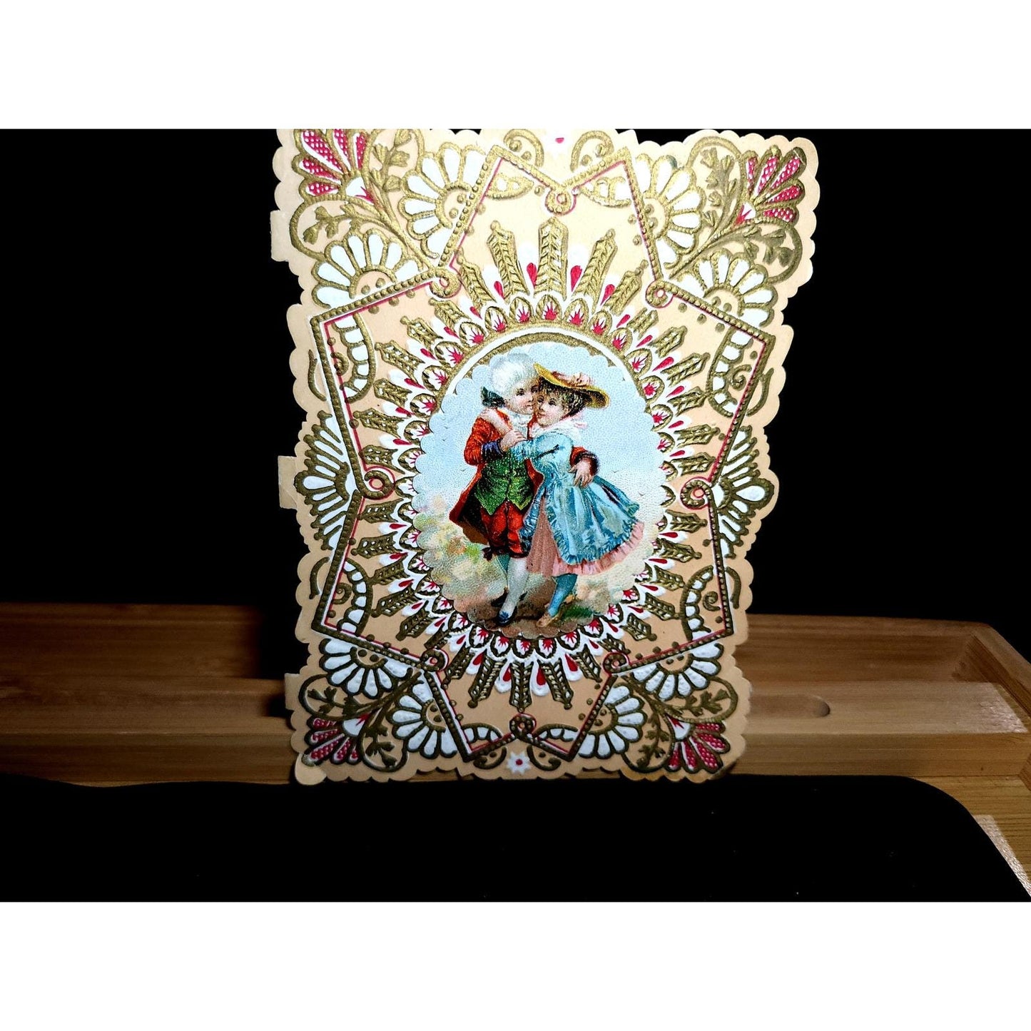 Antique Victorian Die Cut Greeting Card Embossed Gold Couple Romantic Poetry