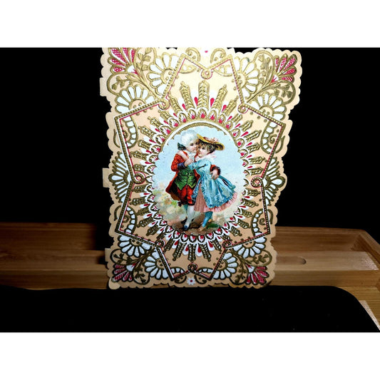 Antique Victorian Die Cut Greeting Card Embossed Gold Couple Romantic Poetry