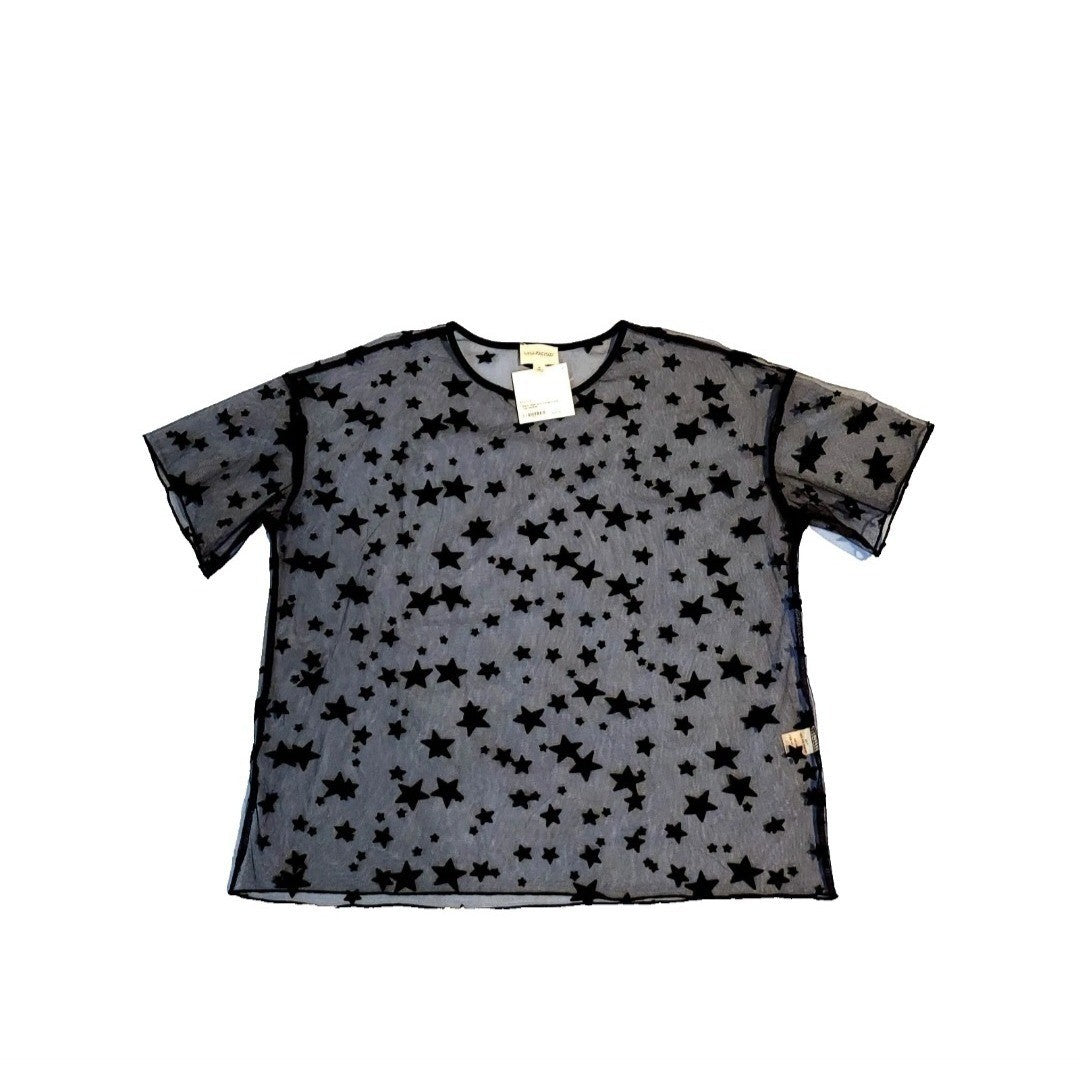 Lala Factory Black Mesh Star Top Sheer Short Sleeve Festival Goth Rave NEW
